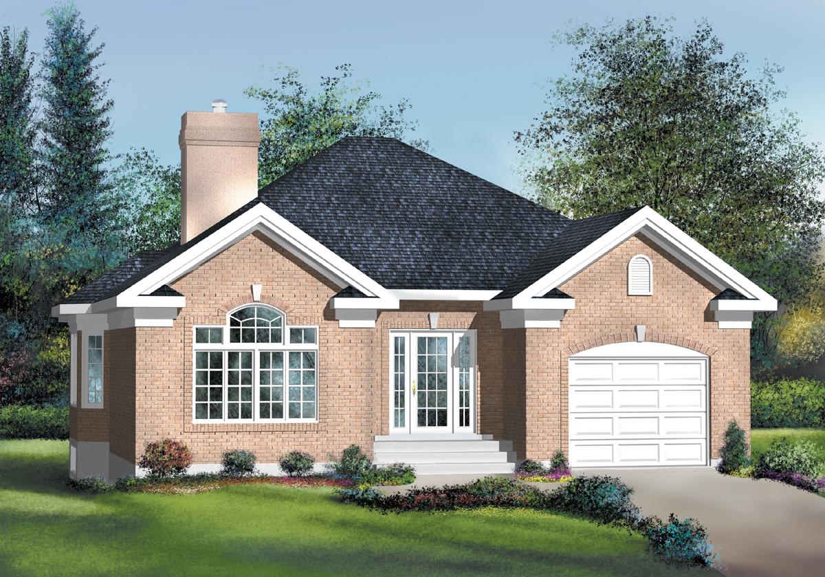 House plan exterior: Single-story brick home with a prominent chimney, arched window, double-door entry, and side-entry garage.