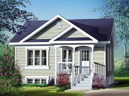 House plan exterior: One-story home with a front gable, covered porch with columns, and horizontal siding.