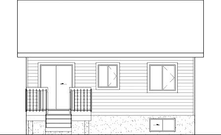 House plan exterior drawing shows a two-story house with siding, a central sliding door, two upper windows, and a basement window.