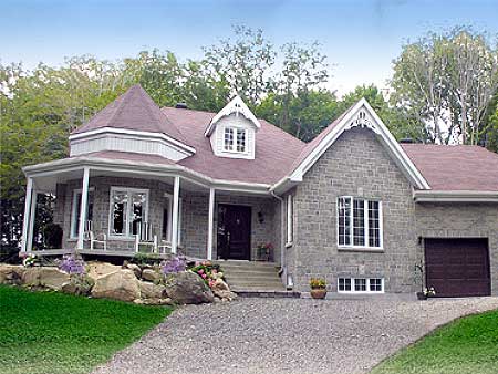 House plan exterior: Two-story stone home with a wraparound porch, prominent gables, dormer, and attached garage.