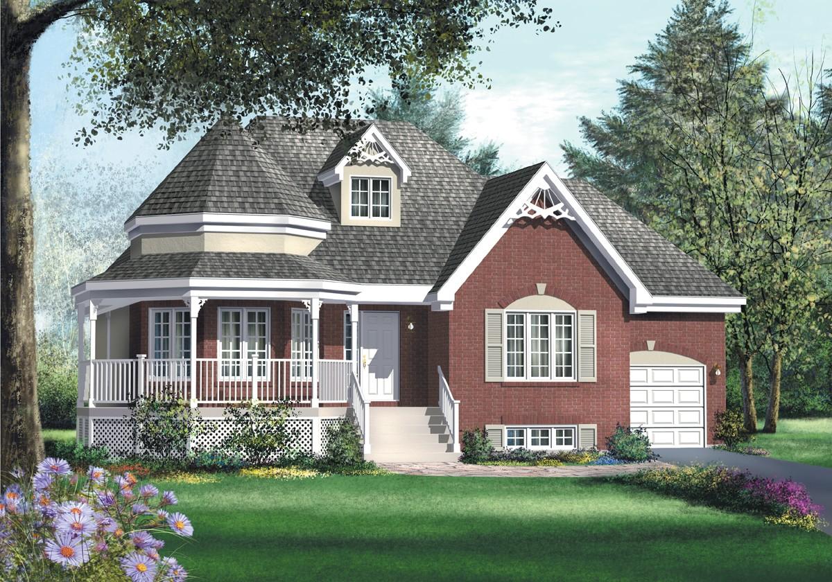 House plan exterior: Two-story brick home with wrap-around porch, turret, dormer, and attached garage.