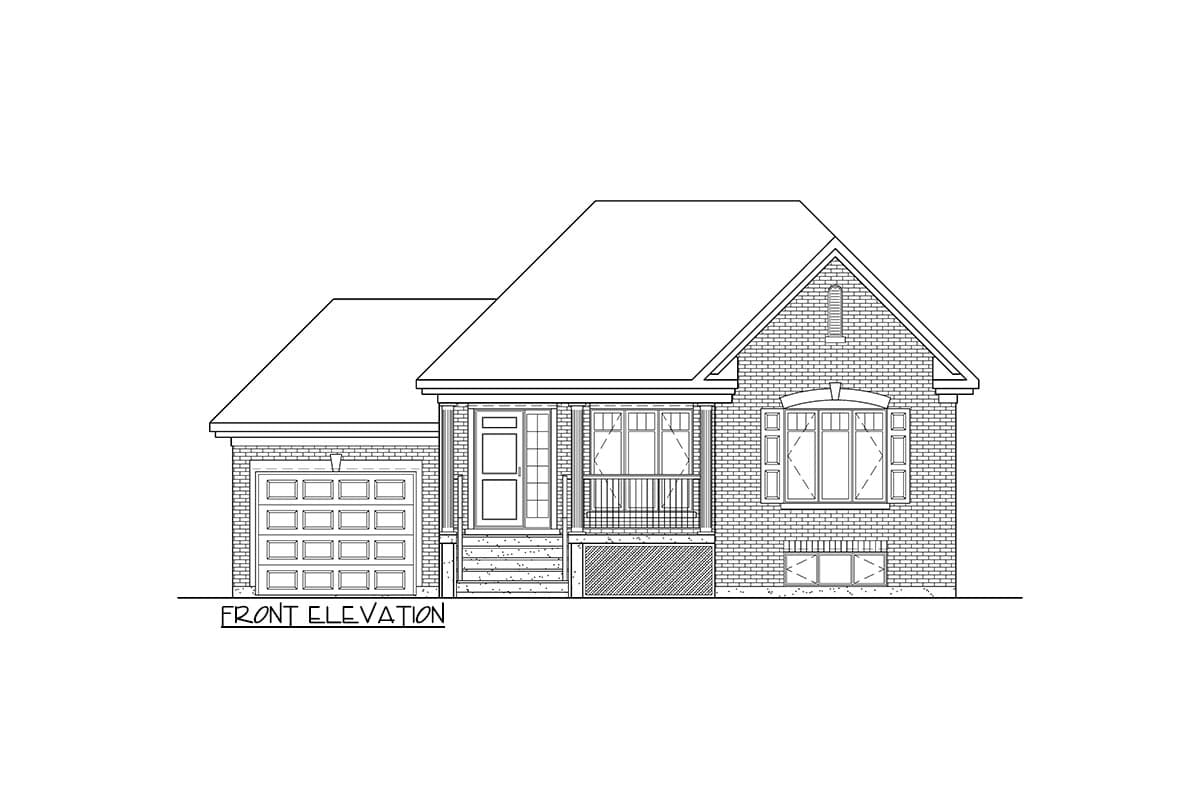Front elevation drawing of a one-story house plan with attached garage, covered porch, and brick detailing.