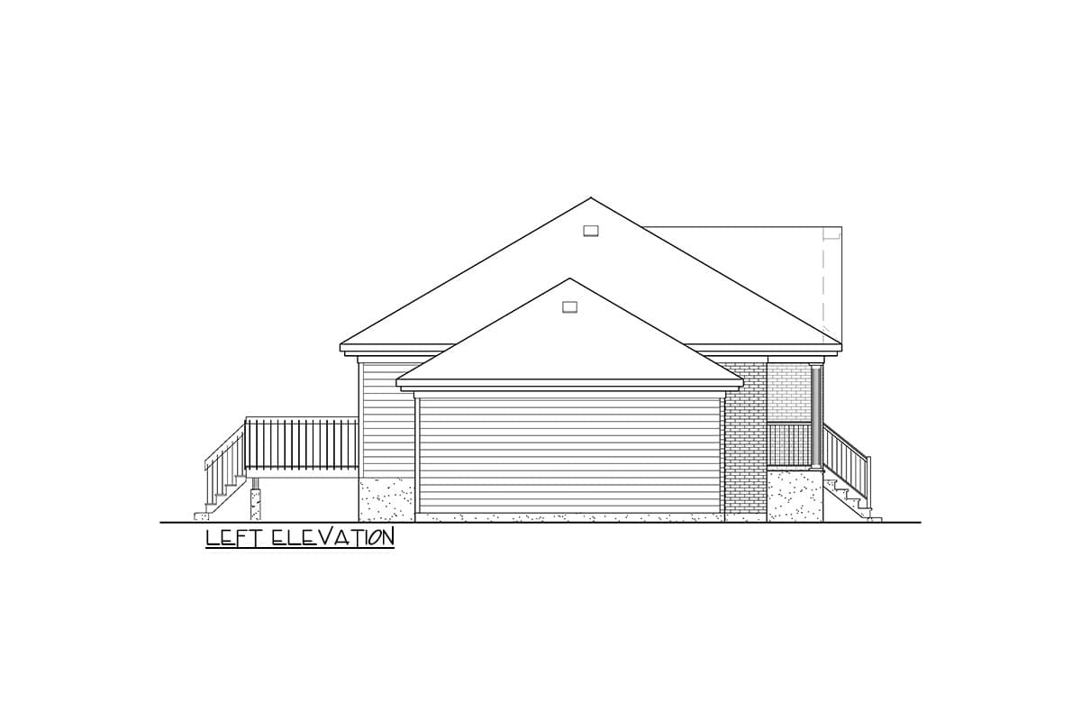 Left elevation house plan showing a one-story home with siding, a gabled roof, a covered porch, and a deck with stairs.