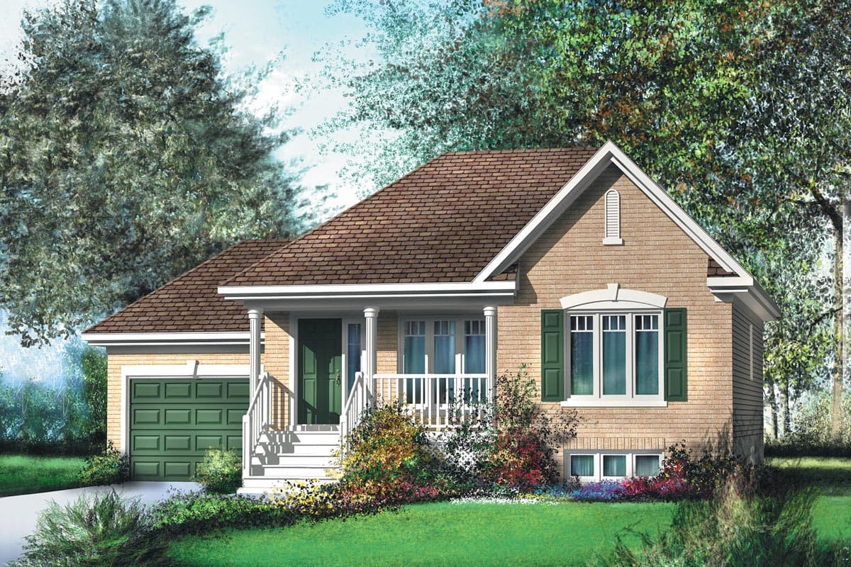 House plan exterior: Single-story home with brick facade, covered porch with white railings, and a green garage door. Gable dormer above front window.