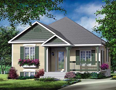 House plan exterior: One-story home with a covered front porch, prominent gables, and double-hung windows with shutters.