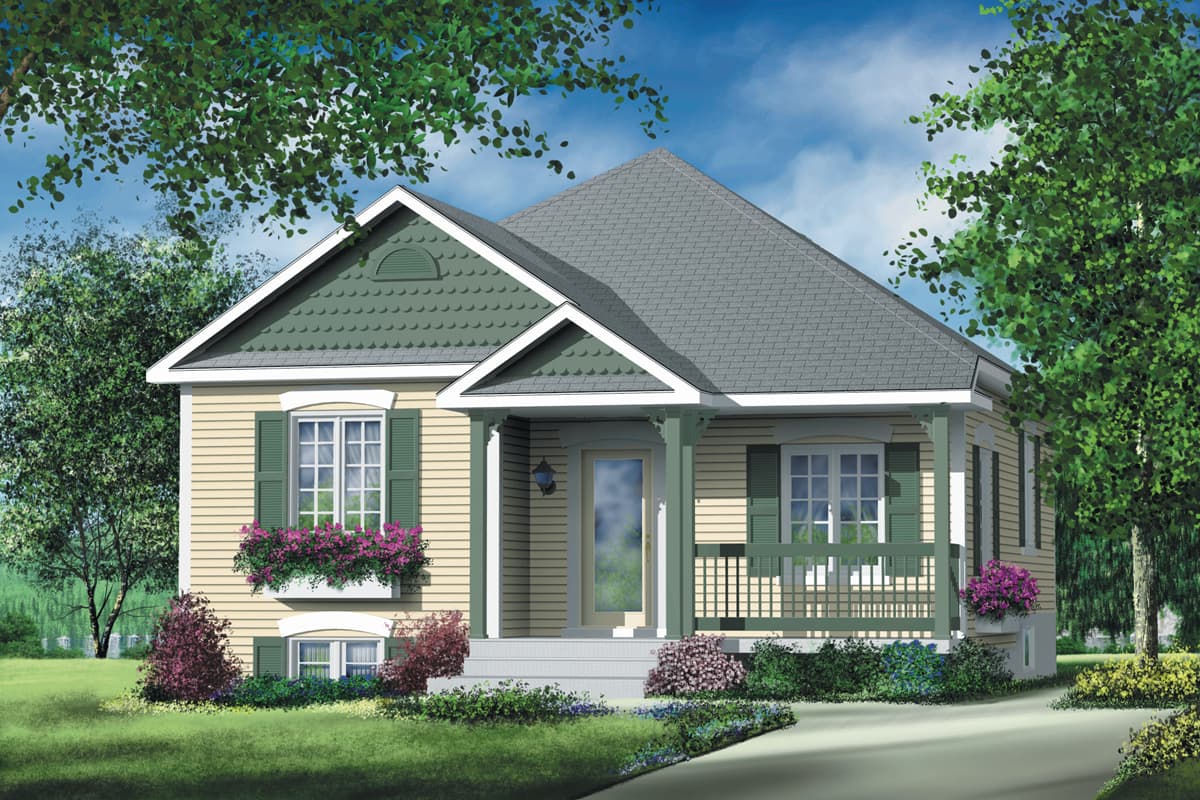 House plan exterior: One-story cottage with a gabled roof, covered front porch with railing, window boxes, and decorative gable vent.