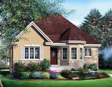 House plan exterior: One-story home with stone accents, prominent gables, multi-window bay, and a covered entry.