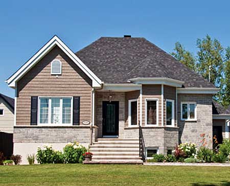 House plan exterior: Two-story home with brick and wood siding, prominent gable with arched vent, bay window, and a wide front staircase.
