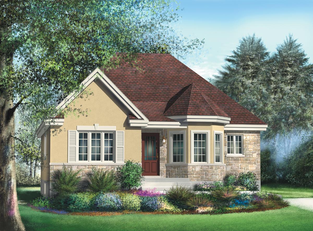 House plan exterior: One-story home with stone accents, gable end, and multi-sided dormer.