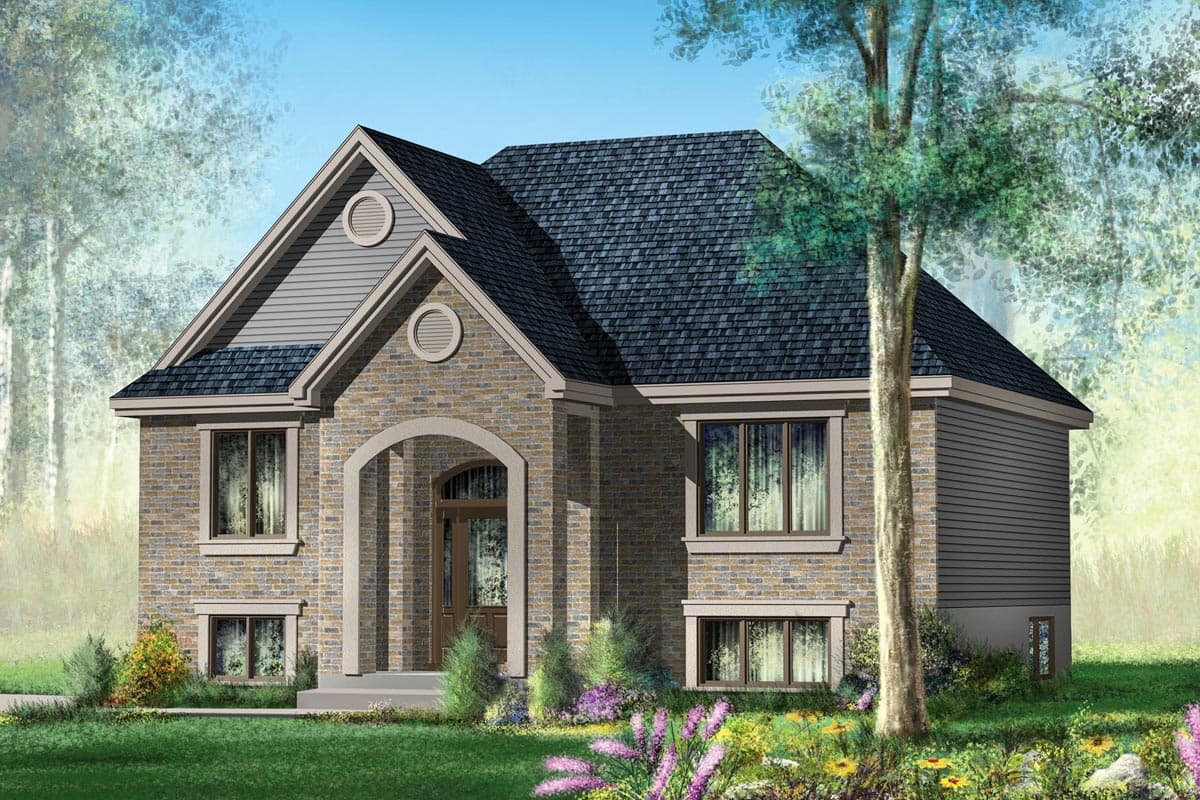 House plan exterior, two stories, stone and siding facade, arched entryway, prominent gables with circular vents.