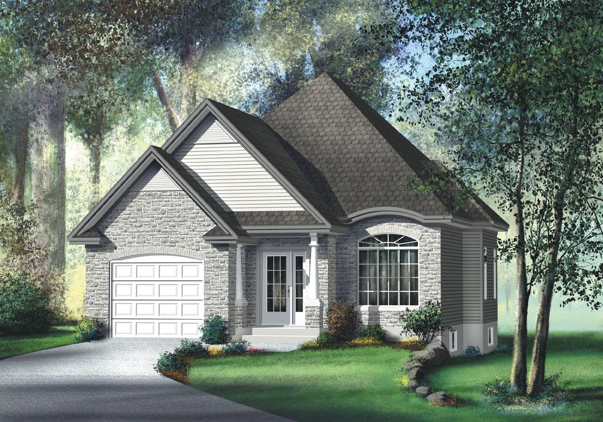 House plan exterior of a two-story home with stone accents, a gabled dormer, and a covered front entry with columns.