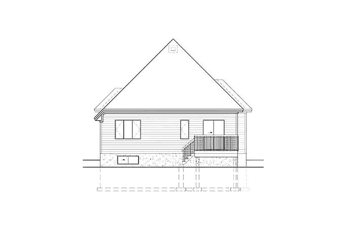 Floor plan drawing showing a rear elevation view with a pitched roof, siding, windows, and a deck with stairs.