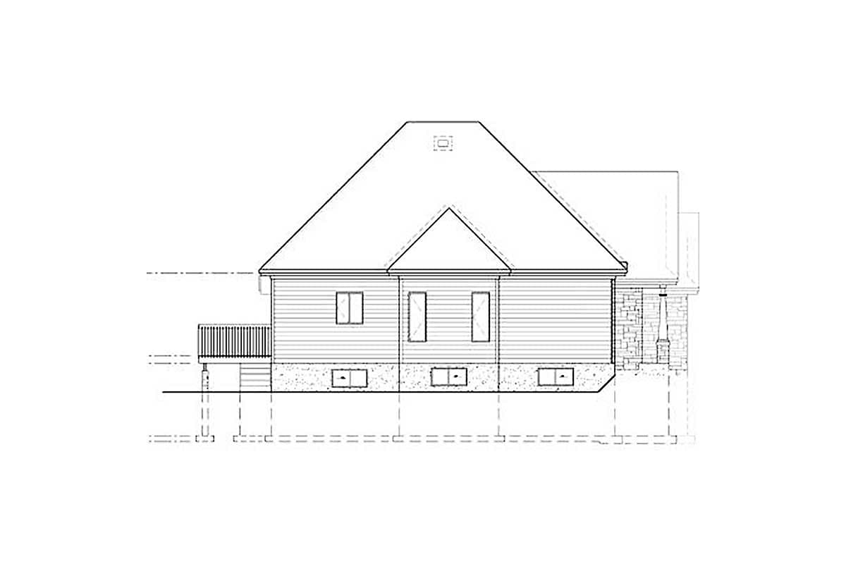 House plan exterior drawing showing a side view with a deck, gables, and foundation.