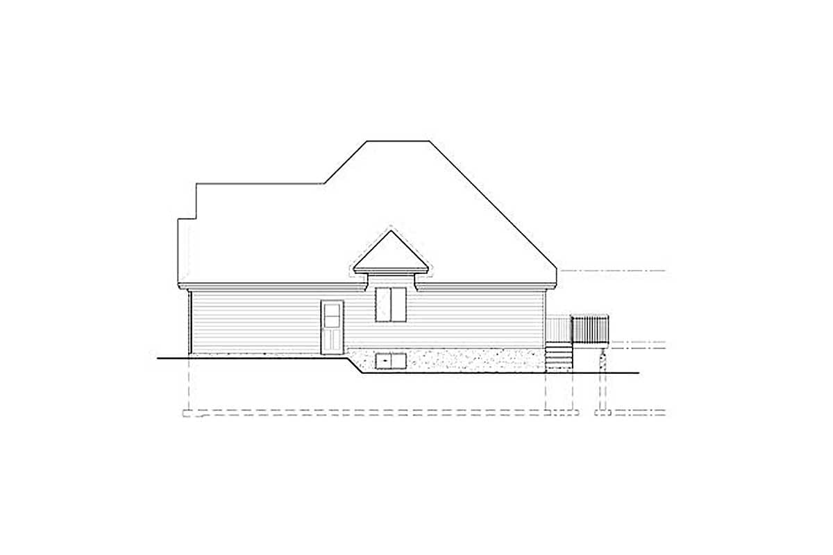 House plan side elevation showing vinyl siding, a prominent dormer, a door, deck, and foundation details.