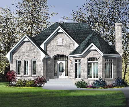 House plan exterior with stone facade, arched entryway, multiple gables, and prominent chimney. Single story.