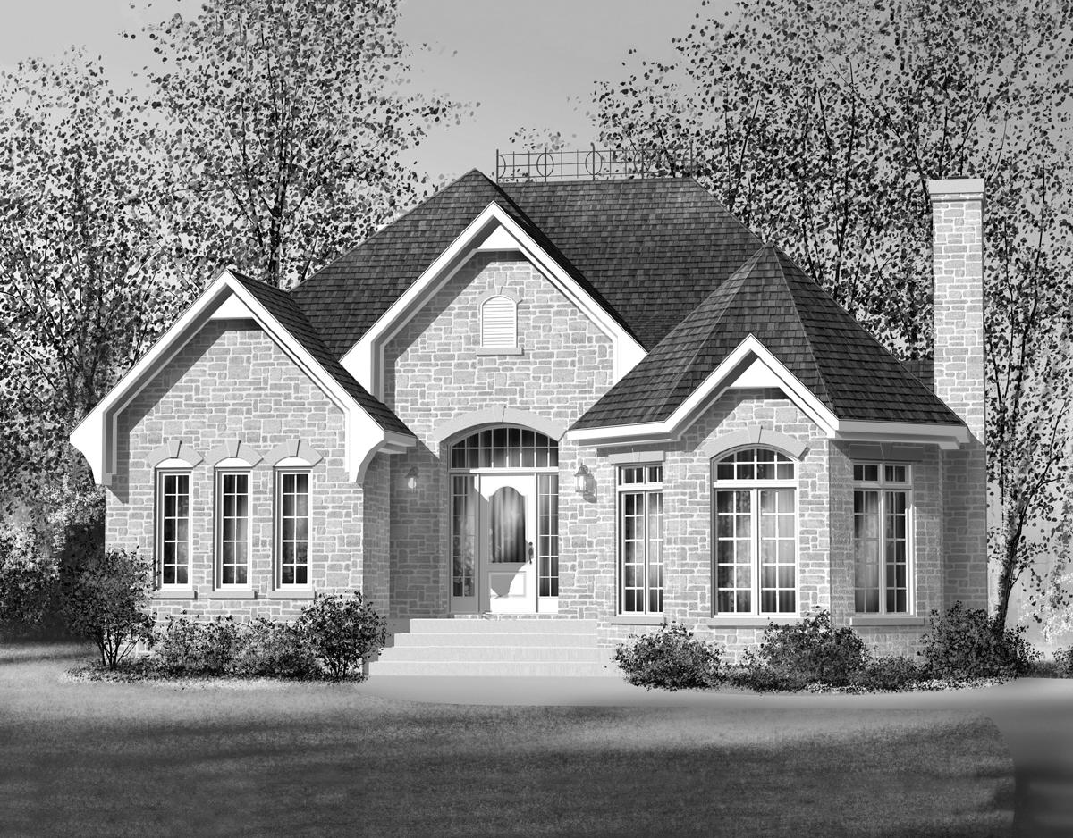 House plan exterior: Stone-clad, two-story home with arched entry, prominent gables, and a brick chimney.