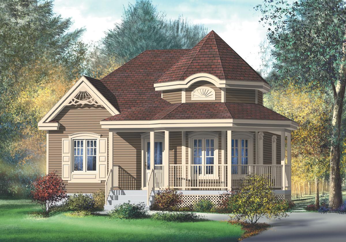 House plan exterior: One-story home with a wraparound porch, decorative gable trim, and a prominent turret roof.