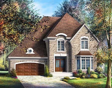House plan exterior of a two-story stone-clad home with a prominent gable, dormer, and attached garage.