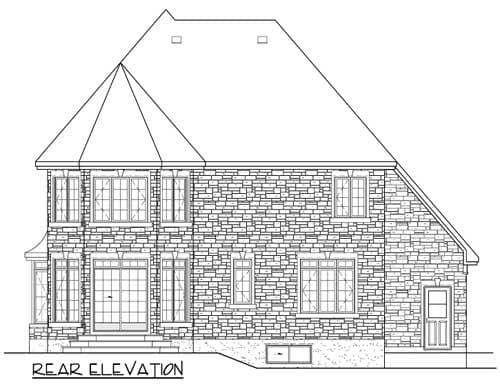 Rear elevation drawing of a two-story house plan with stone exterior, large windows, and a prominent roofline.