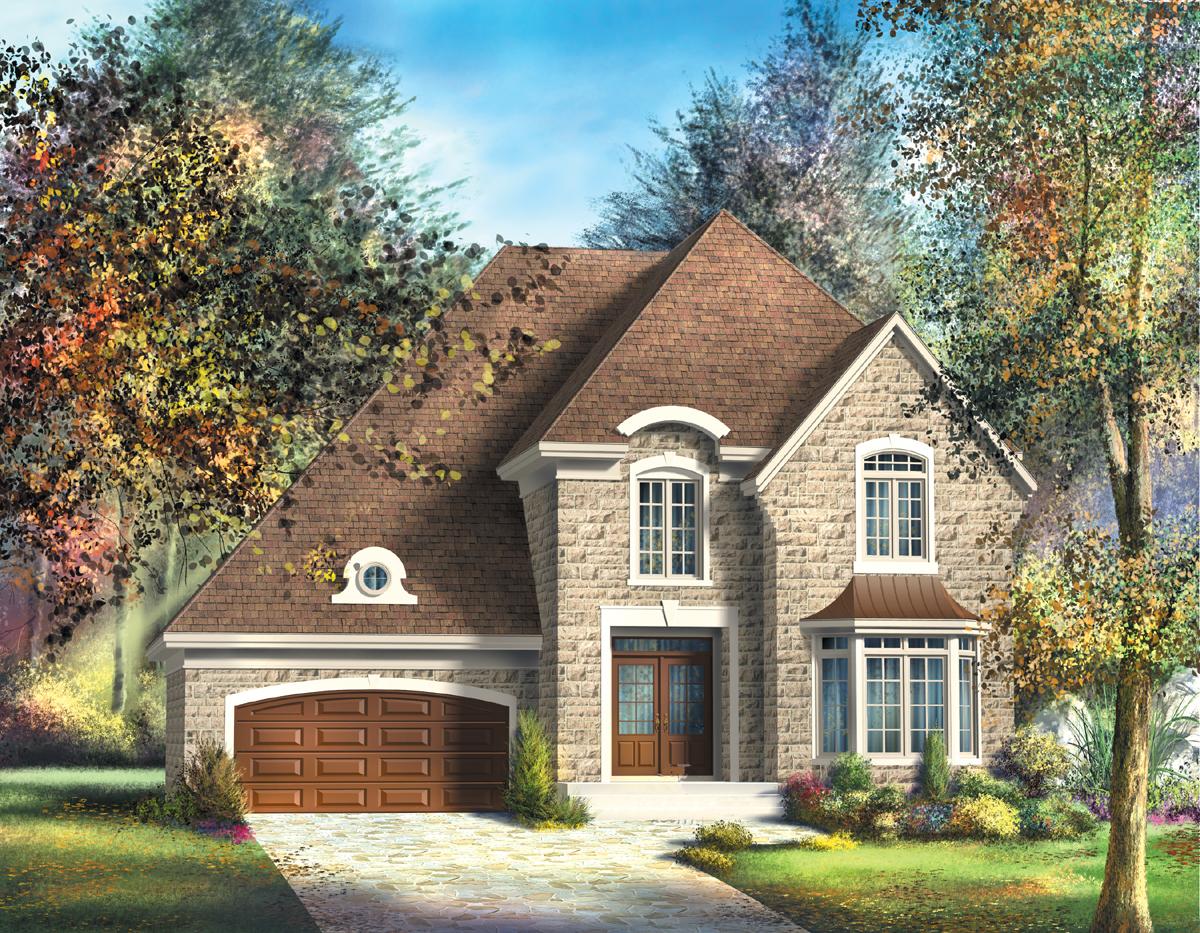 House plan exterior features stone facade, prominent gable, arched dormer, double garage, and bay window.