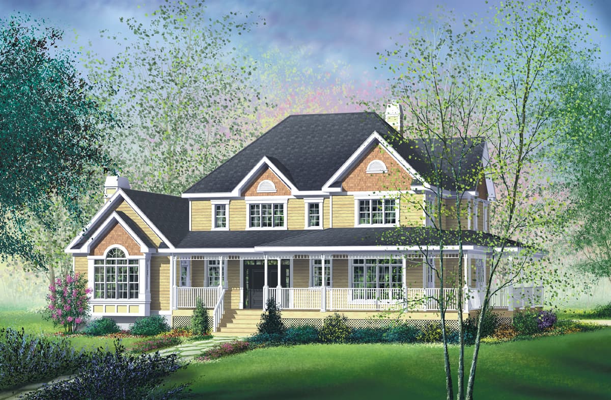 House plan exterior: Two-story home with wrap-around porch, multiple gables, dormers, and a bay window.