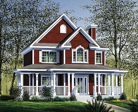 House plan exterior: Two-story home with a wrap-around porch, central gables, and arched dormer.