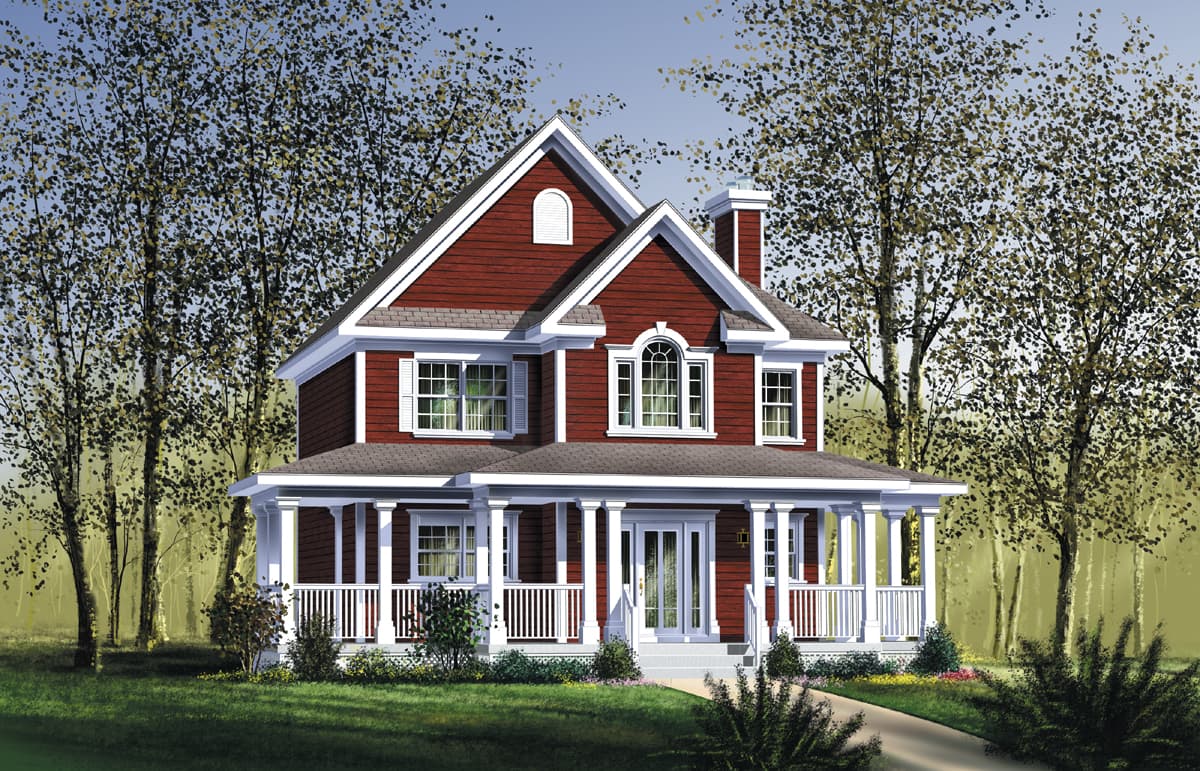 House plan exterior: Two-story home with wrap-around porch, gables, dormer, and arched window.