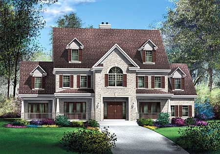 House plan exterior: Two-story stone-clad home with arched window, dormers, covered entry, and attached garage.