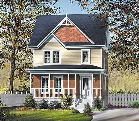 House plan exterior: Two-story home with wrap-around porch, dormer, and decorative gable.