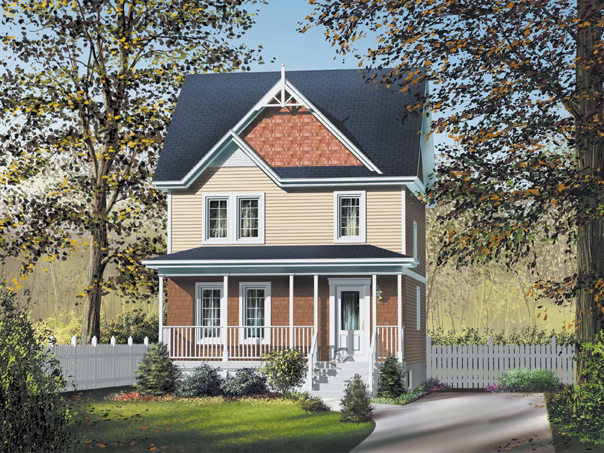House plan exterior: Two-story home with a full-width front porch, multi-pane windows, and decorative gable.