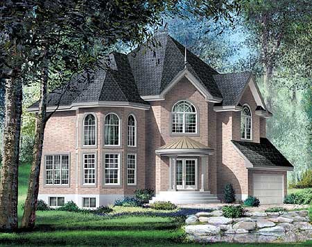 House plan exterior: Two-story brick home with arched windows, turrets, prominent gables, and attached garage.