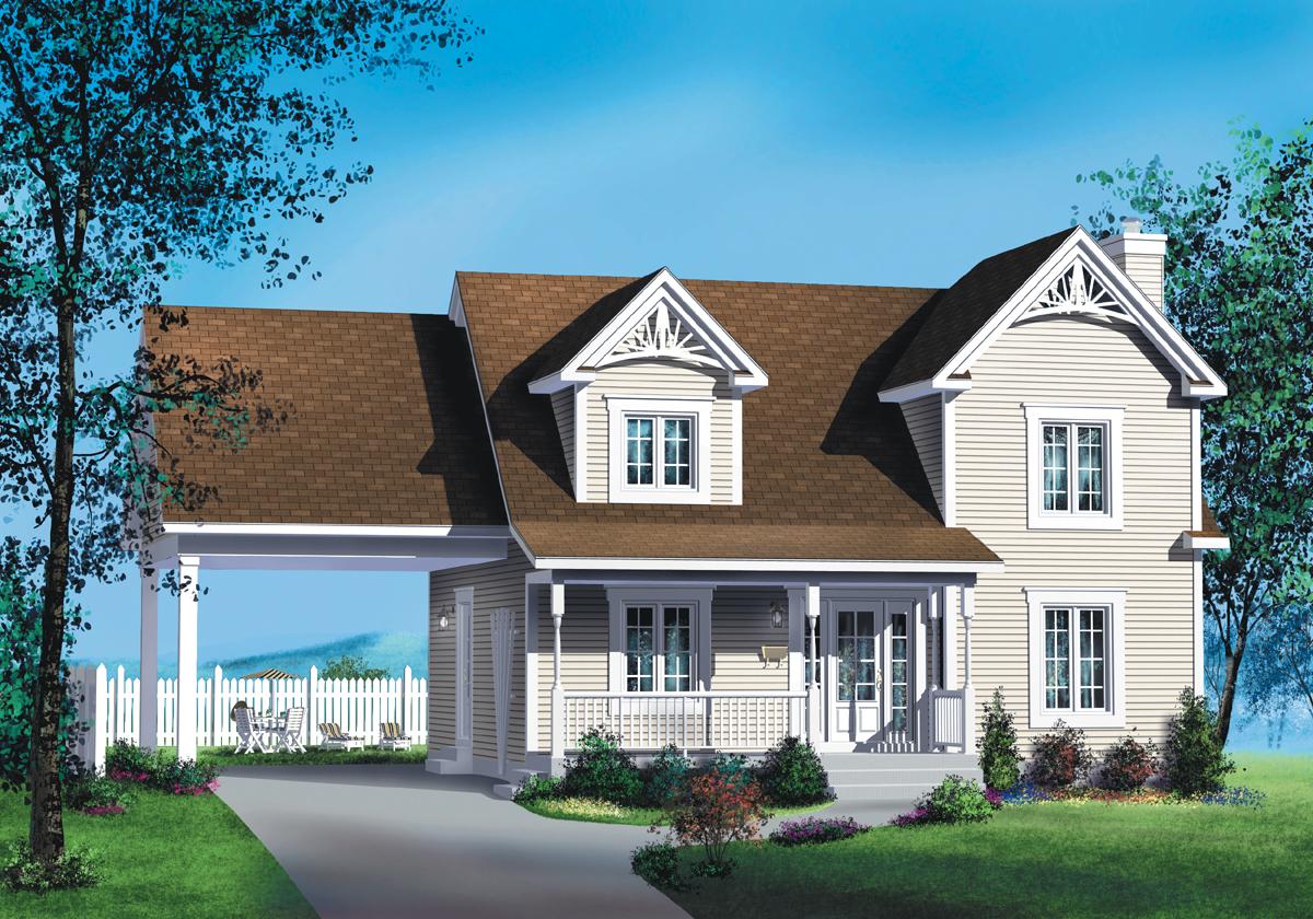 House plan exterior: Two-story home with front porch, gabled dormers, and attached carport.