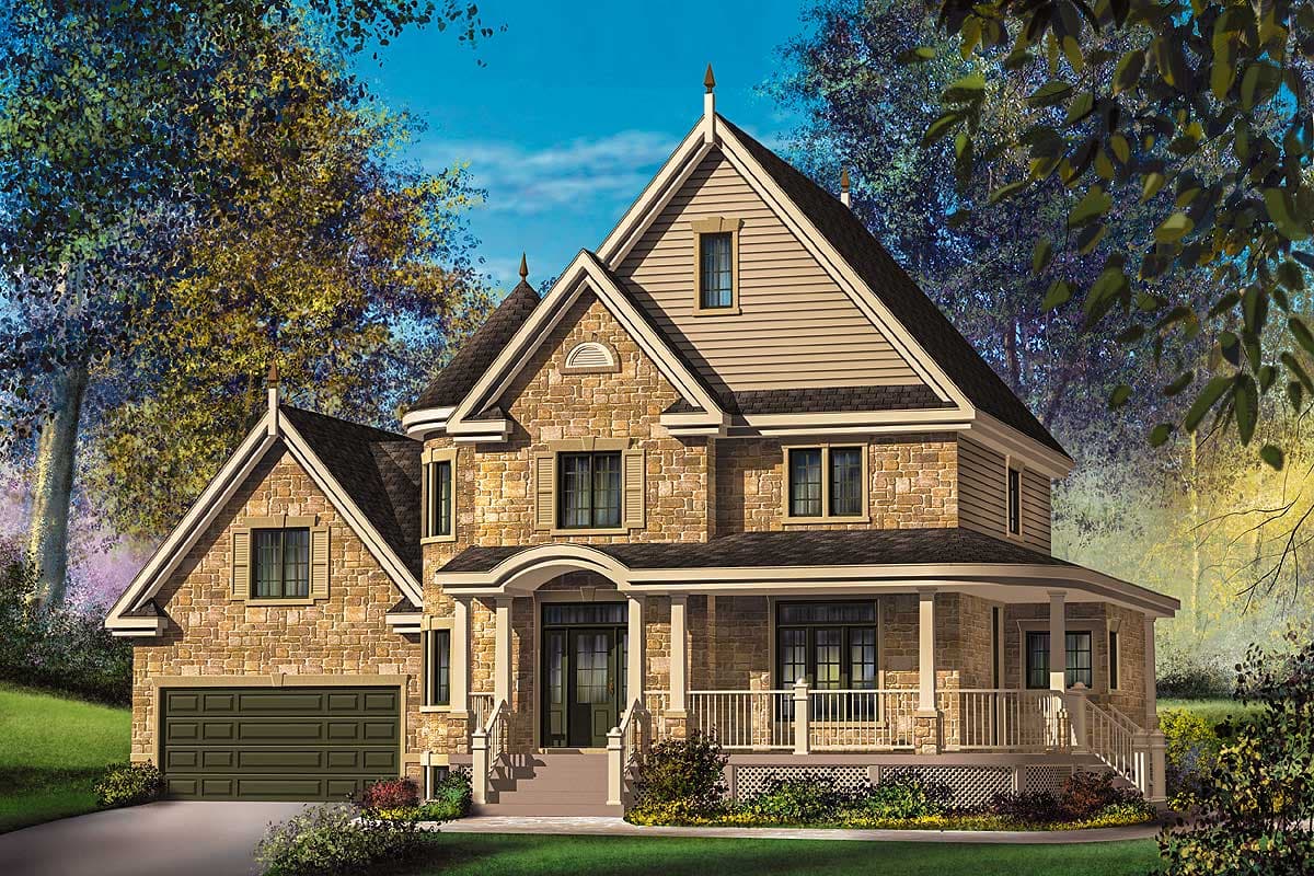 House plan exterior: Two-story stone home with wraparound porch, prominent gables, and attached garage.