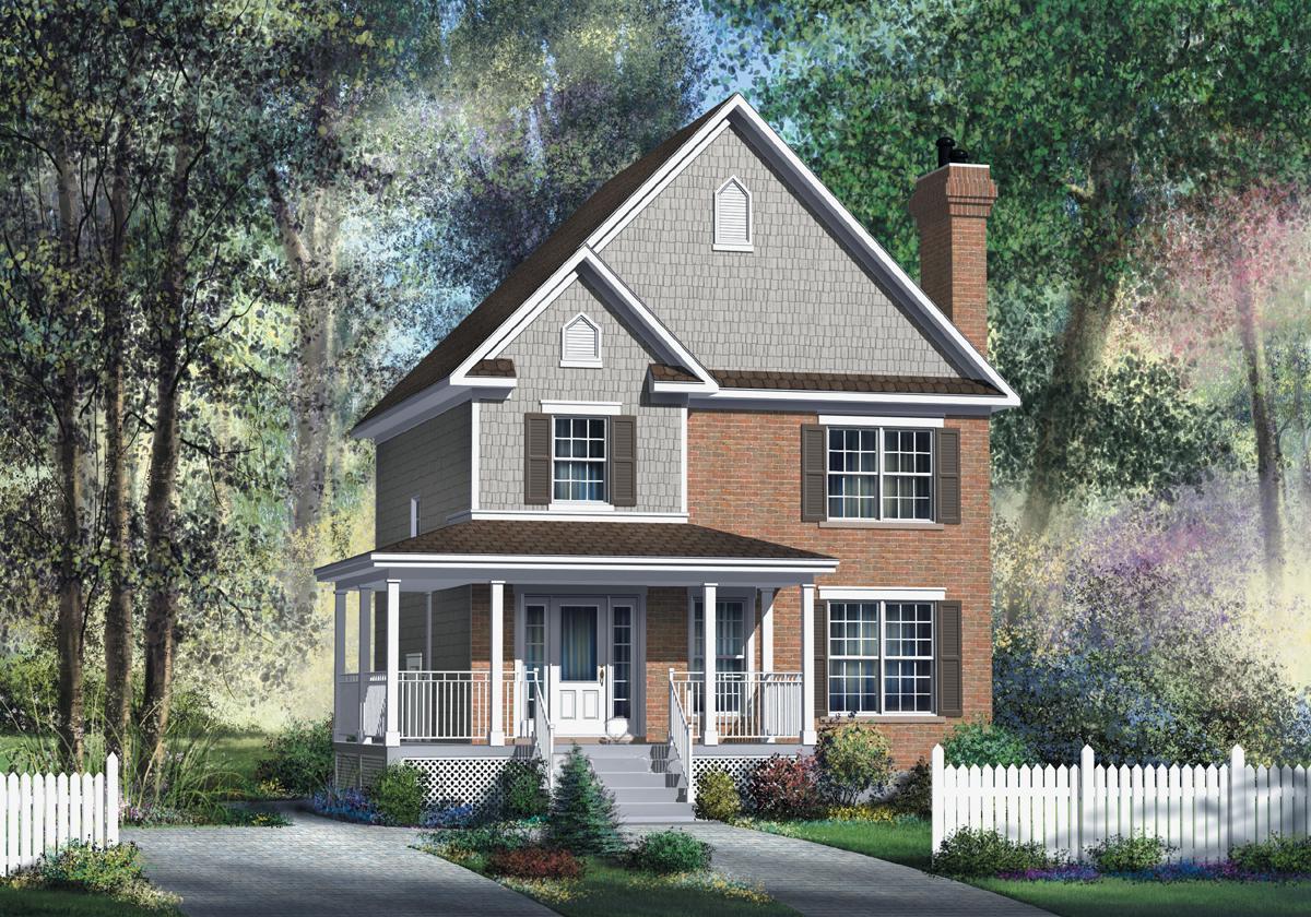 House plan exterior: two-story home with brick and shingle siding, wraparound porch, gables, and prominent chimney.