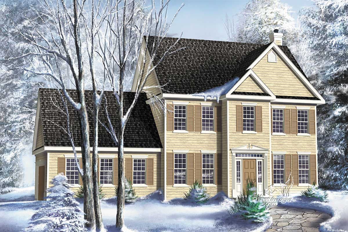 House plan exterior view of a two-story Colonial with gabled roof, window shutters, and a front entry portico, with attached garage.