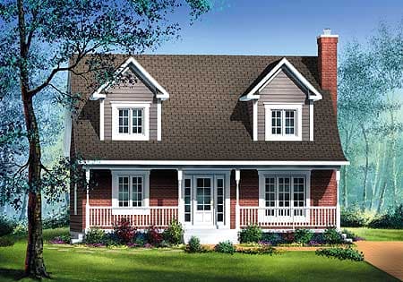 House plan exterior: Two-story cottage with prominent dormers, a full-width covered porch, and a brick chimney.