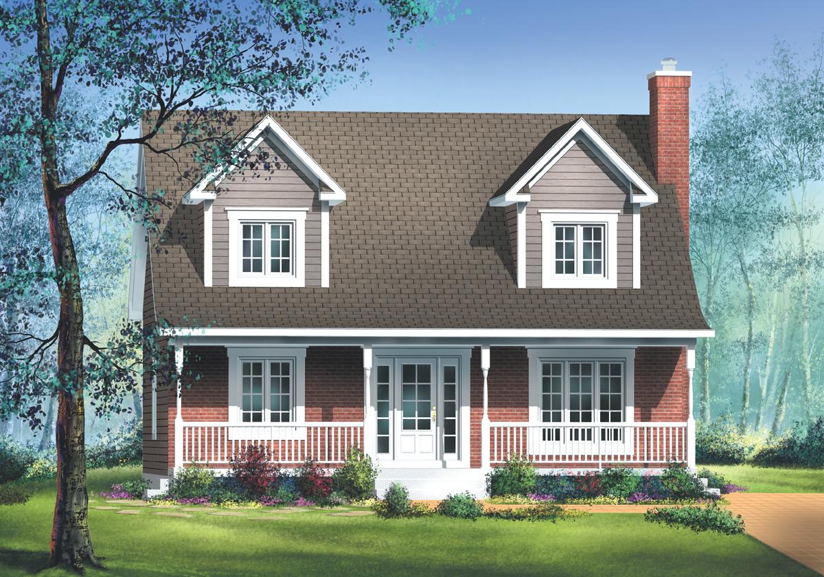 House plan exterior of a two-story home with a covered porch, dormers, and a brick chimney. Traditional architectural style.
