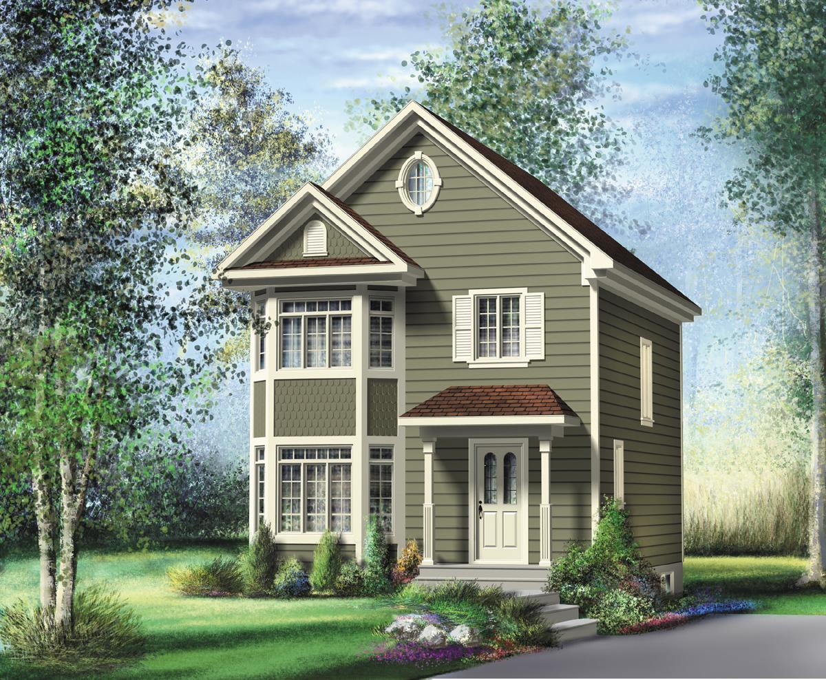 House plan exterior, two-story home with gabled dormer, bay windows, and covered front porch.