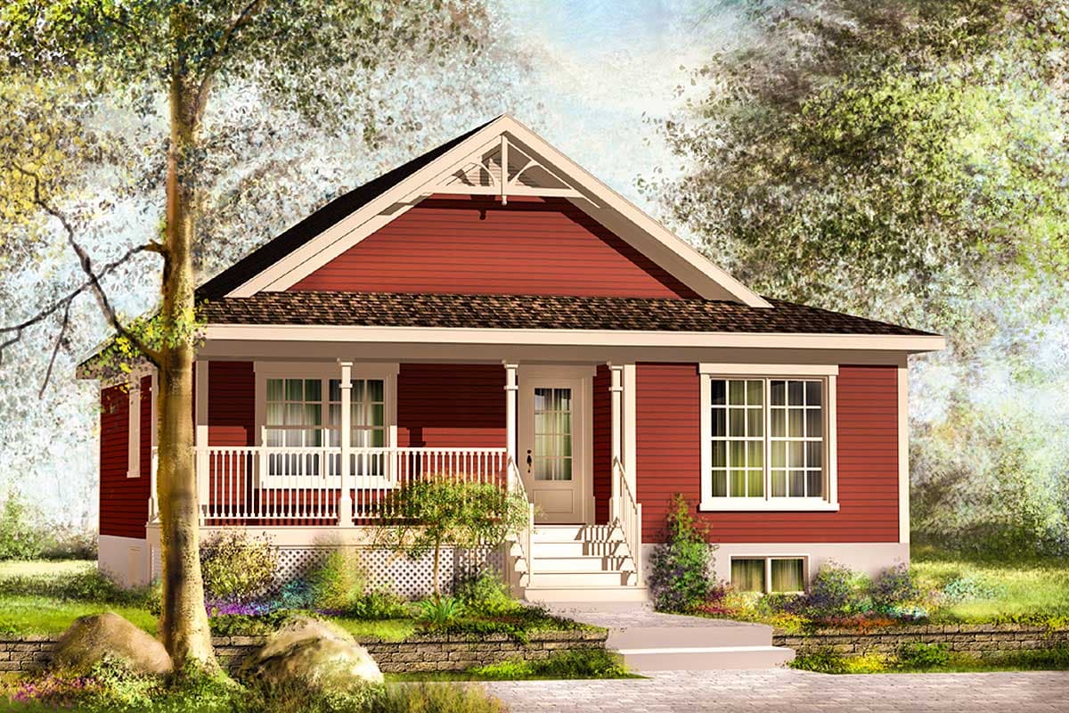 House plan exterior: one-story home with a front porch, prominent gable with decorative trim, and double-hung windows.