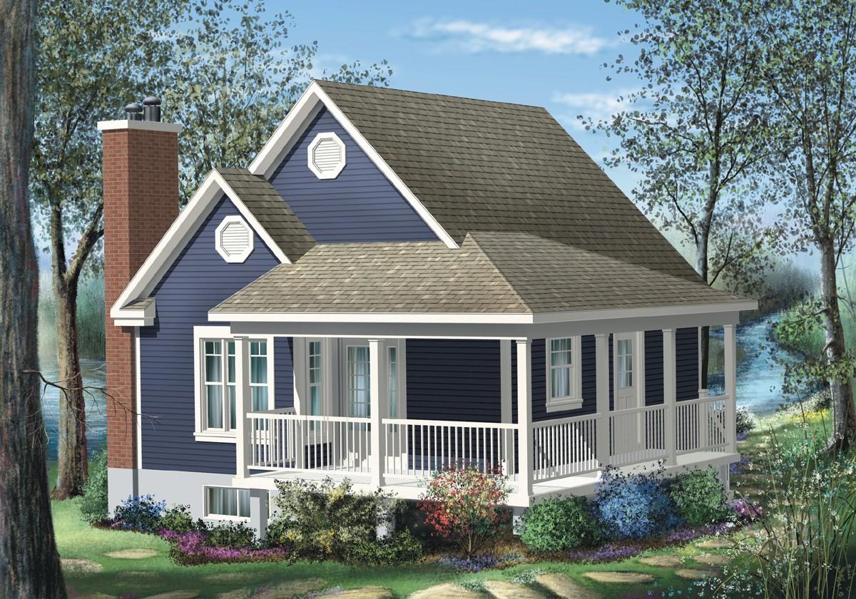 House plan exterior: Blue, two-story home with wraparound porch, brick chimney, and gables with octagonal vents.