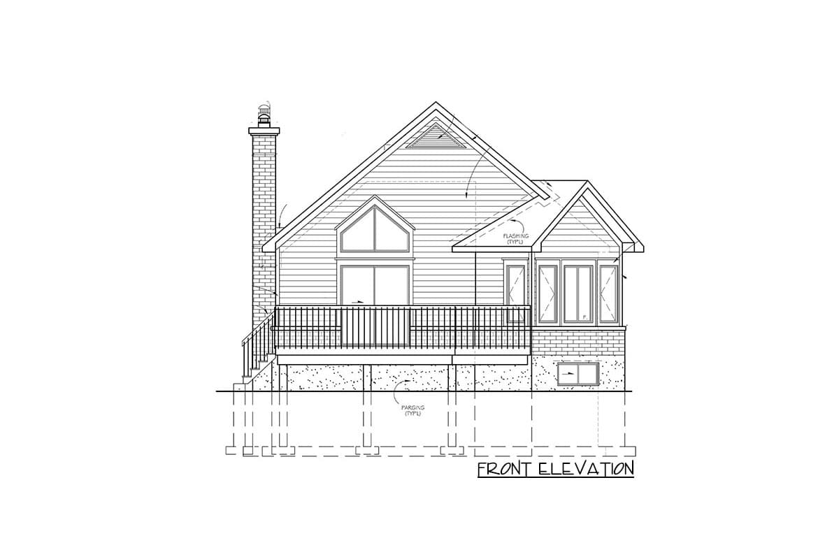 Front elevation drawing of a house with a large gable, prominent chimney, deck, and bay windows.