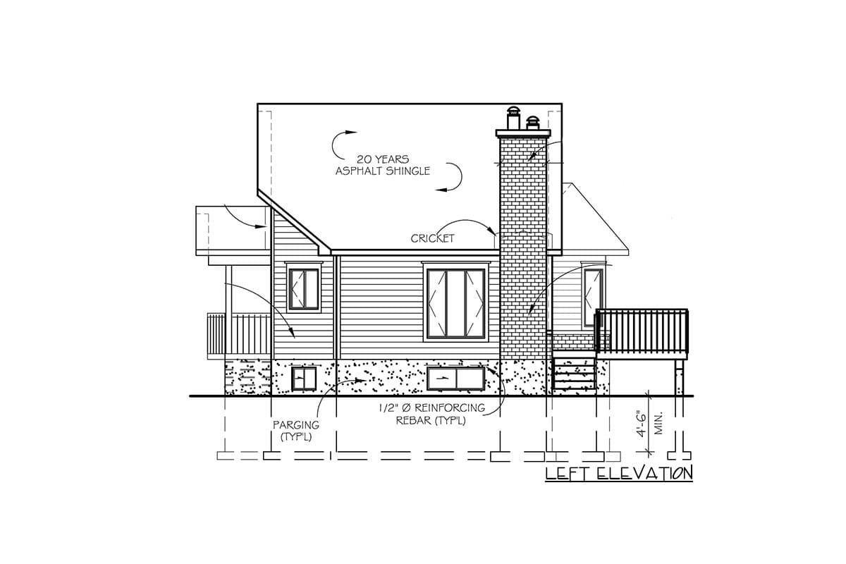 Left elevation drawing of a house plan, showing a brick chimney, asphalt shingles, and a deck.