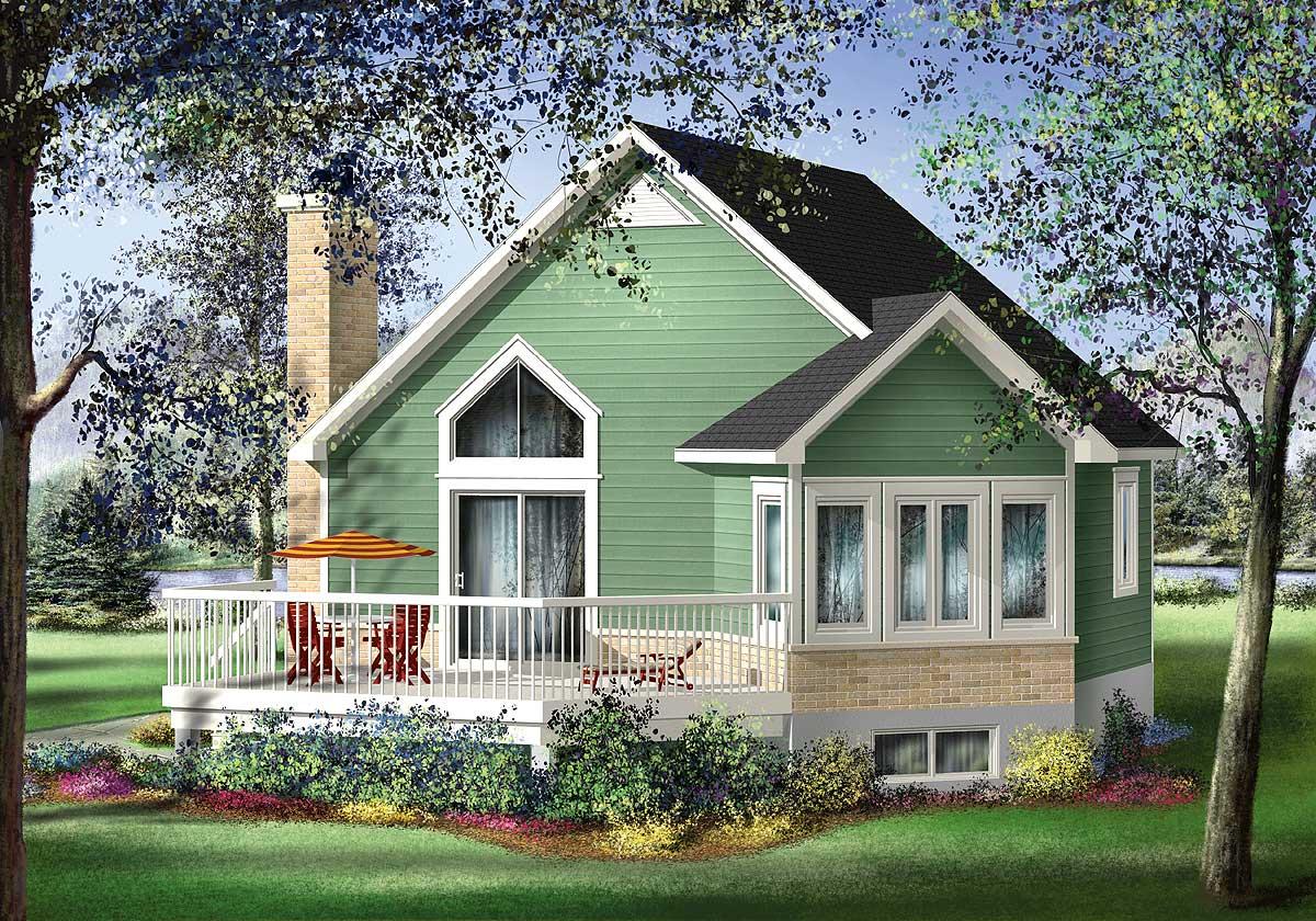 House plan exterior with green siding, wraparound deck, brick chimney, and multiple window styles including a triangular dormer window.