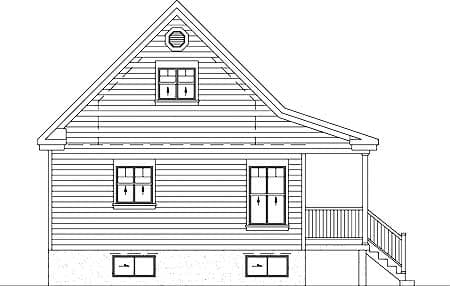 House plan exterior elevation shows a 1.5-story home with horizontal siding, a prominent gable, a dormer window, and a covered porch with stairs.