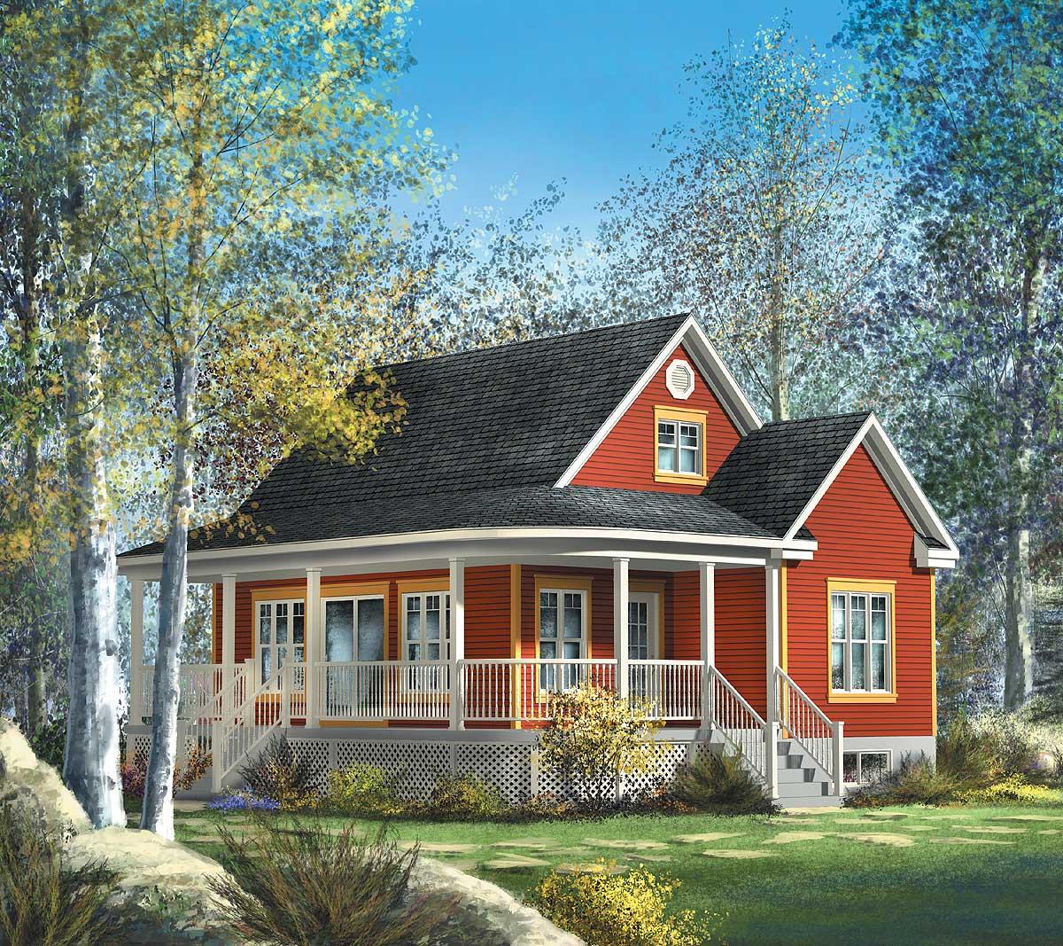 House plan exterior: One-story cottage with a wraparound porch, gabled dormer, and prominent gable vent.