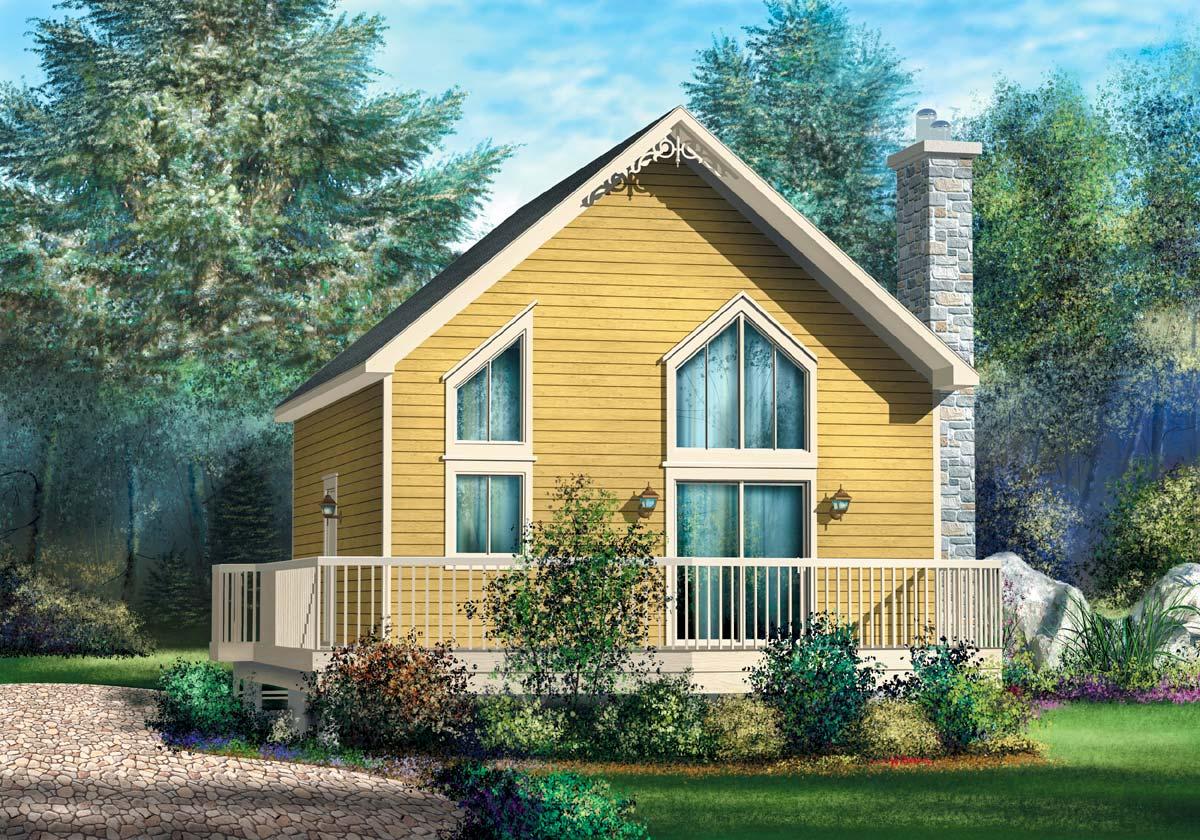 House plan exterior: One-story home with a gabled roof, stone chimney, wraparound deck, and prominent triangular windows.
