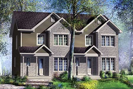 Two-story duplex house plan exterior with stone and siding, multiple gables, and covered porches.