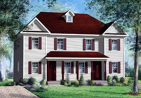 Two-story house plan exterior with gable dormer, covered porch with columns, double entry doors, and double-hung windows.