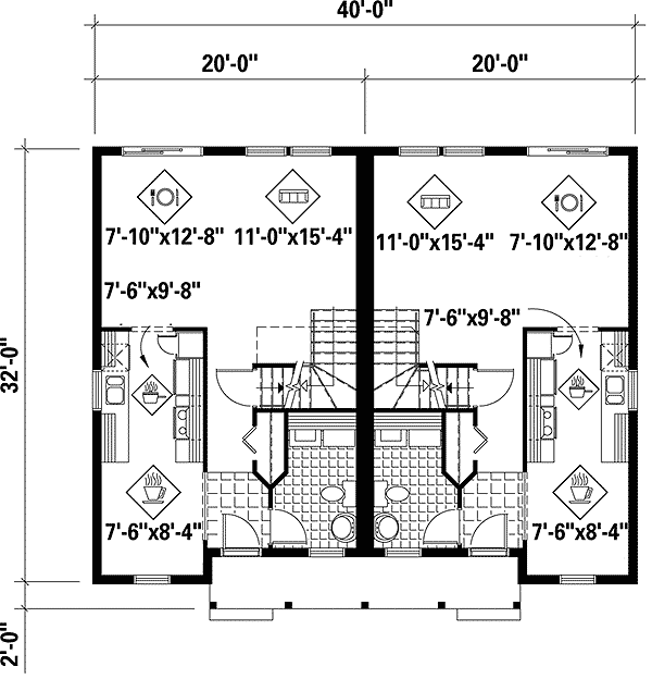Plan 80575PM: Duplex House Plan with 2 and 3 Bed Units - 1234 Sq Ft - Floor Plan - Main Level - Traditional
