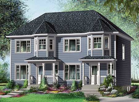 House plan exterior: Two-story duplex with symmetrical bay windows, peaked rooflines, and covered entry porches.